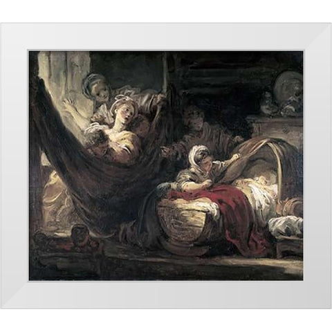 Cradle White Modern Wood Framed Art Print by Fragonard, Jean Honore