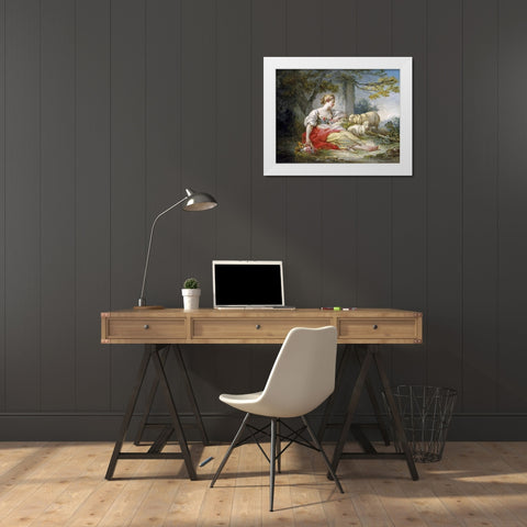 Shepherdess Seated with Sheep and a Basket of Flowers Near a Ruin in a Wooded Landscape White Modern Wood Framed Art Print by Fragonard, Jean Honore