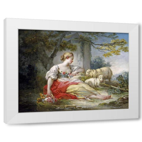 Shepherdess Seated with Sheep and a Basket of Flowers Near a Ruin in a Wooded Landscape White Modern Wood Framed Art Print by Fragonard, Jean Honore