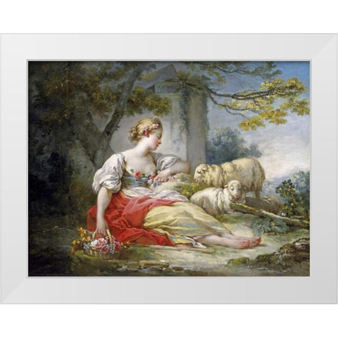 Shepherdess Seated with Sheep and a Basket of Flowers Near a Ruin in a Wooded Landscape White Modern Wood Framed Art Print by Fragonard, Jean Honore