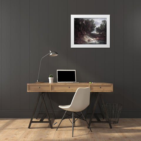 Watering Place White Modern Wood Framed Art Print by Gainsborough, Thomas