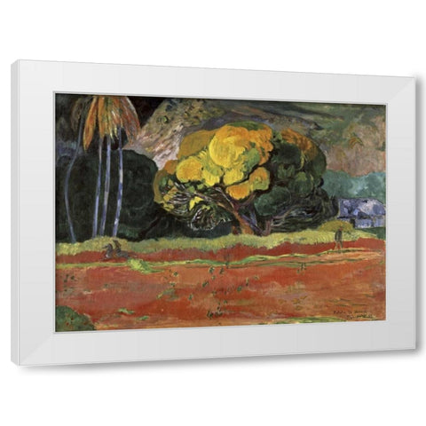 At the Foot of a Mountain - Fatata Te Moua White Modern Wood Framed Art Print by Gauguin, Paul