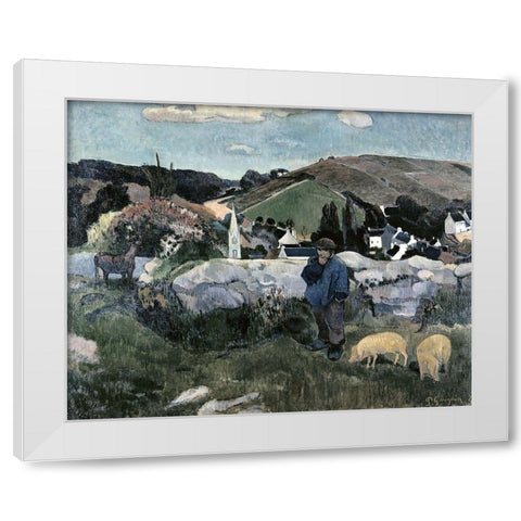 Swineherd White Modern Wood Framed Art Print by Gauguin, Paul