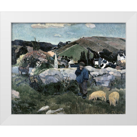 Swineherd White Modern Wood Framed Art Print by Gauguin, Paul