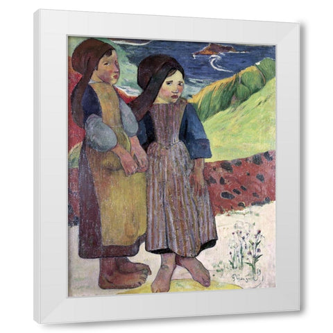 Two Breton Girls By The Sea White Modern Wood Framed Art Print by Gauguin, Paul