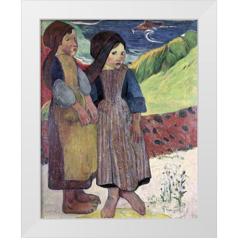 Two Breton Girls By The Sea White Modern Wood Framed Art Print by Gauguin, Paul