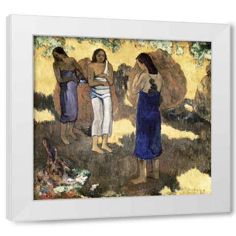 Women Standing Against A Yellow Background Femmes Debout Sur Fond Jaune White Modern Wood Framed Art Print by Gauguin, Paul