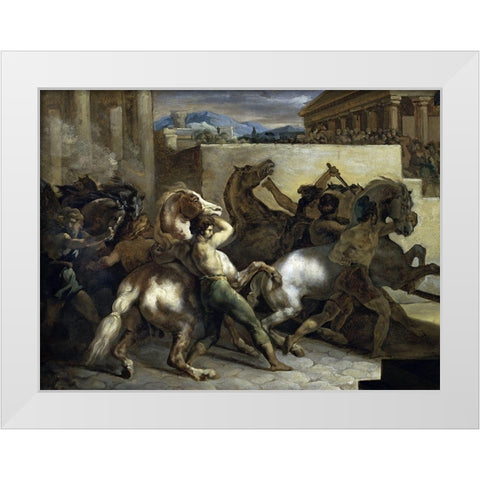 Run of The Wild Horses In Rome White Modern Wood Framed Art Print by Gericault, Theodore