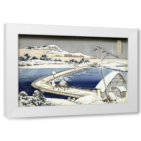 Pontoon Bridge at Sano, Kozuke Province, Ancient View White Modern Wood Framed Art Print by Hokusai