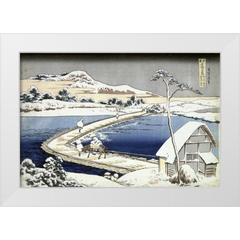 Pontoon Bridge at Sano, Kozuke Province, Ancient View White Modern Wood Framed Art Print by Hokusai