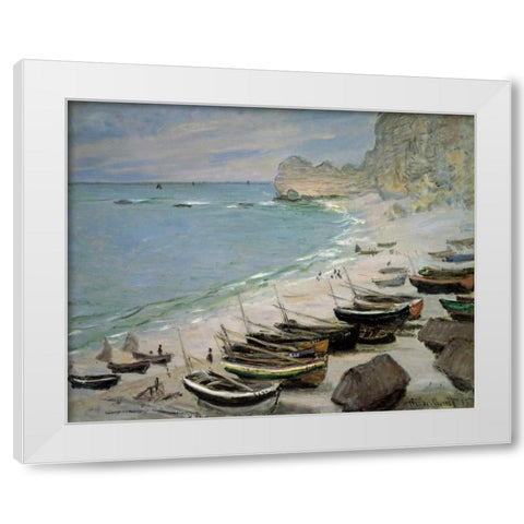 Boats on the Beach at Etretat, 1883 White Modern Wood Framed Art Print by Monet, Claude