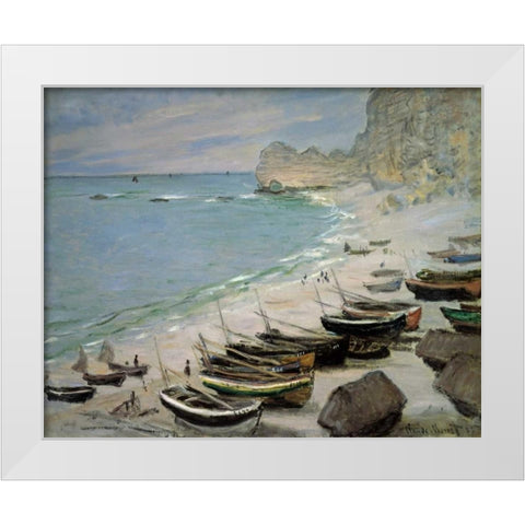 Boats on the Beach at Etretat, 1883 White Modern Wood Framed Art Print by Monet, Claude