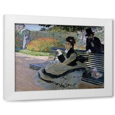 Camille Monet on a Garden Bench White Modern Wood Framed Art Print by Monet, Claude