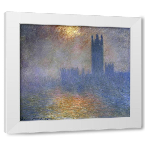 London Parliament - Patch of Sun in the Fog White Modern Wood Framed Art Print by Monet, Claude