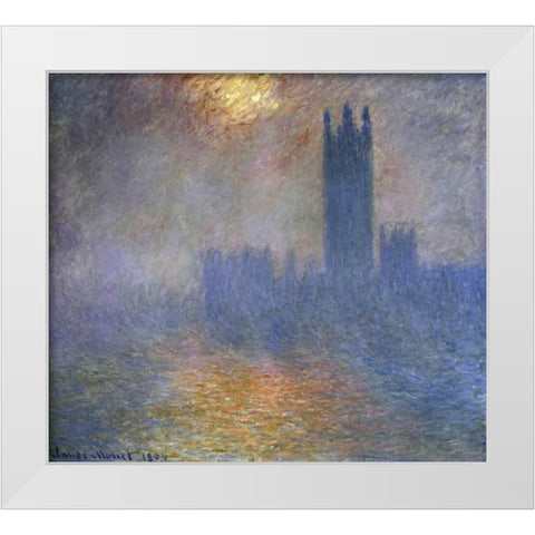 London Parliament - Patch of Sun in the Fog White Modern Wood Framed Art Print by Monet, Claude