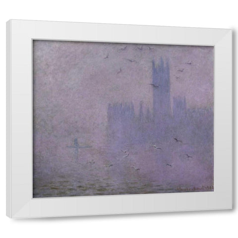 Seagulls - The River Thames and Houses of Parliament, London White Modern Wood Framed Art Print by Monet, Claude