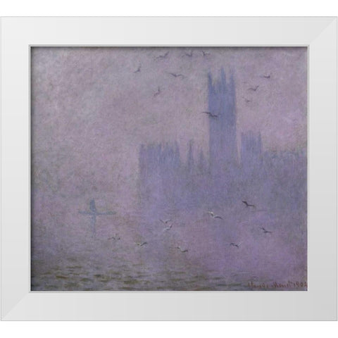Seagulls - The River Thames and Houses of Parliament, London White Modern Wood Framed Art Print by Monet, Claude