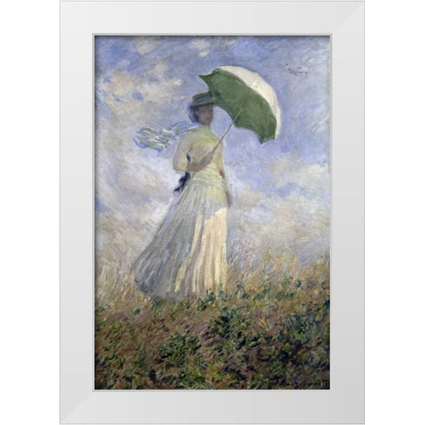 Woman with a Parasol Turned to the Right White Modern Wood Framed Art Print by Monet, Claude