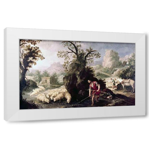 Allegory-Jacob Laying The Peeled Rods White Modern Wood Framed Art Print by Murillo, Bartolome Esteban