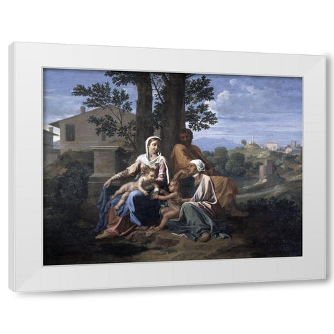 Holy Family In a Landscape White Modern Wood Framed Art Print by Poussin, Nicolas