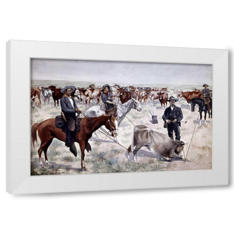 Branding a Steer White Modern Wood Framed Art Print by Remington, Frederic