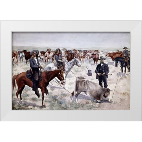 Branding a Steer White Modern Wood Framed Art Print by Remington, Frederic