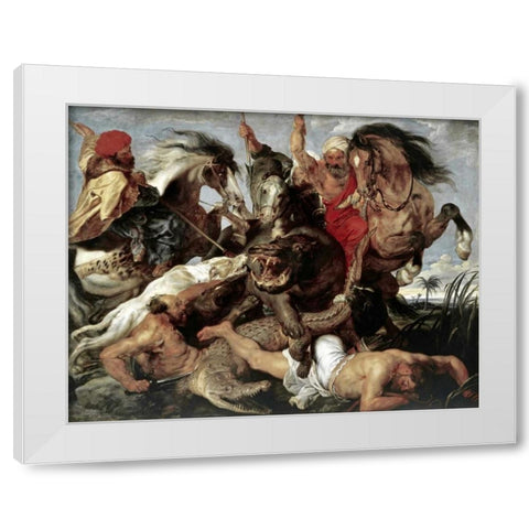 Hippo Hunt White Modern Wood Framed Art Print by Rubens, Peter Paul