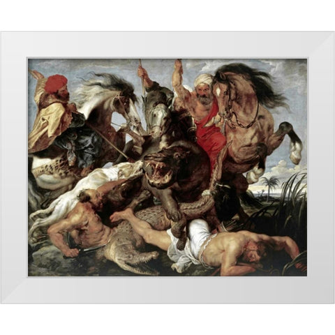 Hippo Hunt White Modern Wood Framed Art Print by Rubens, Peter Paul