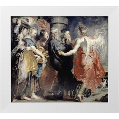 Lots Flight From Sodom White Modern Wood Framed Art Print by Rubens, Peter Paul