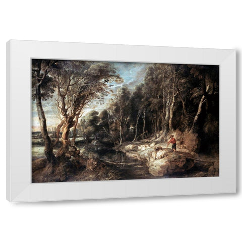 Shepherd With His Flock White Modern Wood Framed Art Print by Rubens, Peter Paul