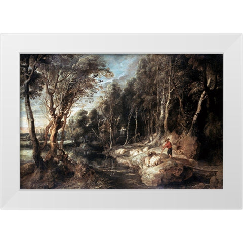 Shepherd With His Flock White Modern Wood Framed Art Print by Rubens, Peter Paul