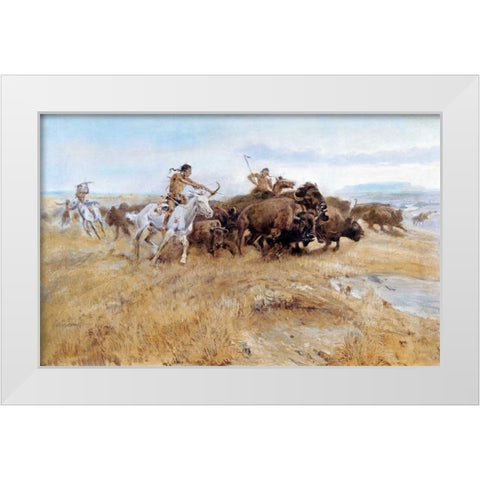 Buffalo Hunt White Modern Wood Framed Art Print by Russell, Charles M.