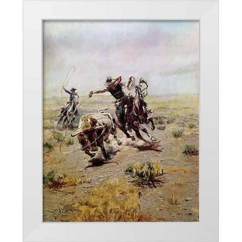 Cowboy Roping a Steer White Modern Wood Framed Art Print by Russell, Charles