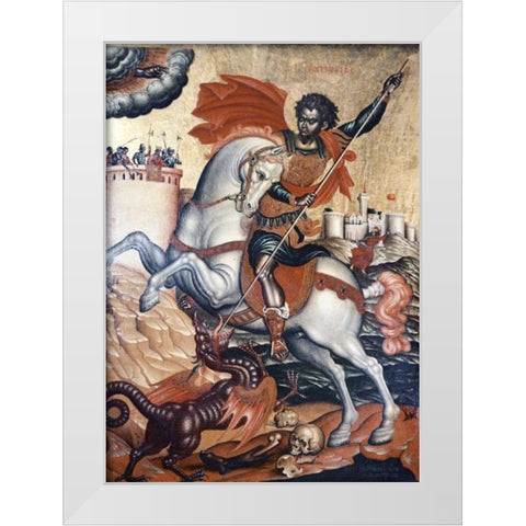 St. George Slaying The Dragon White Modern Wood Framed Art Print by Tzanes
