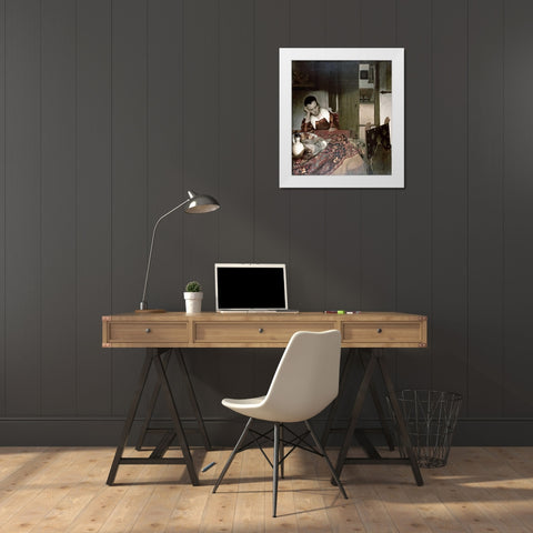 Girl Asleep at a Table White Modern Wood Framed Art Print by Vermeer, Johannes