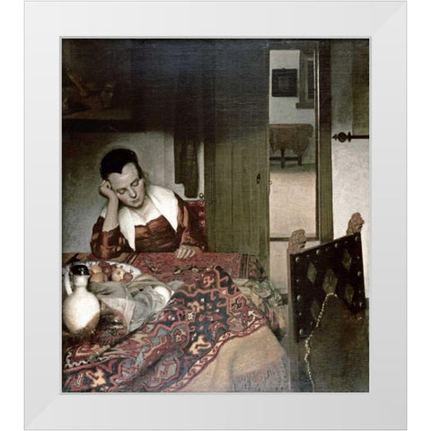 Girl Asleep at a Table White Modern Wood Framed Art Print by Vermeer, Johannes