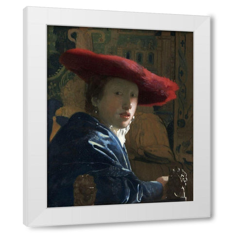 Girl with a Red Hat White Modern Wood Framed Art Print by Vermeer, Johannes