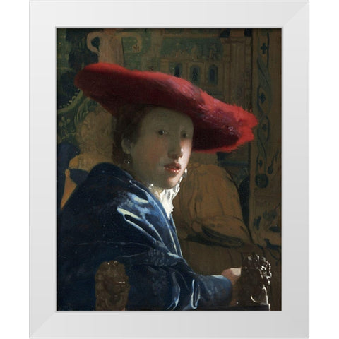 Girl with a Red Hat White Modern Wood Framed Art Print by Vermeer, Johannes