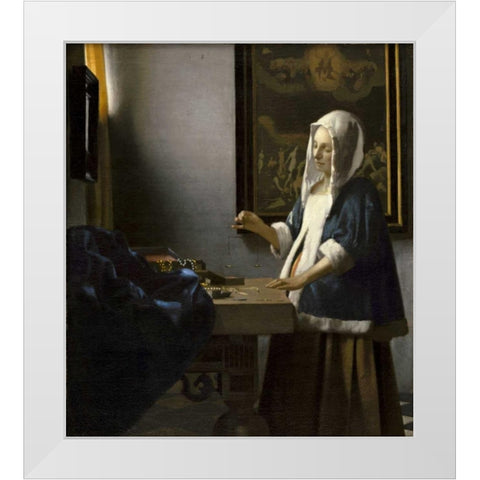 Woman Holding a Balance White Modern Wood Framed Art Print by Vermeer, Johannes