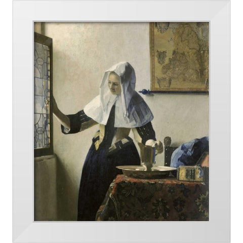 Woman with a Water Jug White Modern Wood Framed Art Print by Vermeer, Johannes