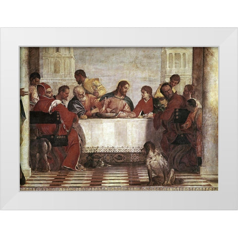 Dinner In The House of Levi - Detail White Modern Wood Framed Art Print by Veronese, Paolo