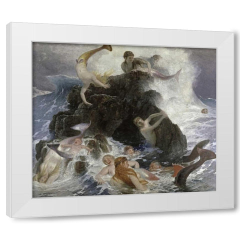 Mermaids at Play White Modern Wood Framed Art Print by Bocklin, Arnold