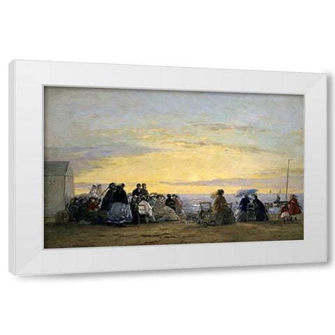 On the Beach, Sunset White Modern Wood Framed Art Print by Boudin, Eugene