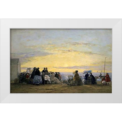 On the Beach, Sunset White Modern Wood Framed Art Print by Boudin, Eugene