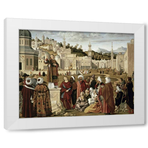 St. Stephen Preaching at Jerusalem White Modern Wood Framed Art Print by Carpaccio, Vittore