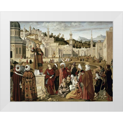 St. Stephen Preaching at Jerusalem White Modern Wood Framed Art Print by Carpaccio, Vittore