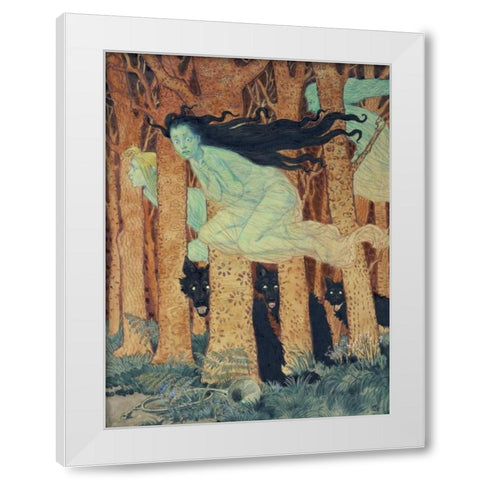 Three Women and Three Wolves White Modern Wood Framed Art Print by Grasset, Eugene