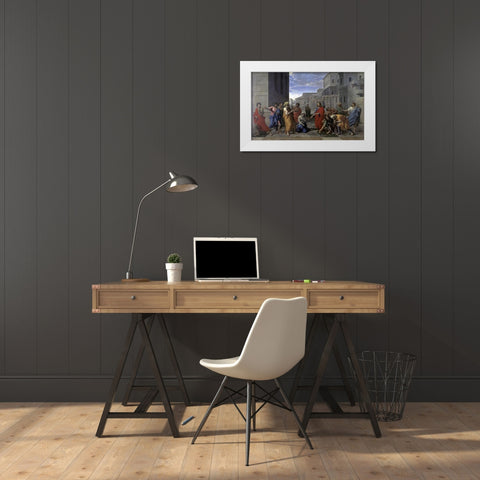 Christ and the Woman Taken in Adultery White Modern Wood Framed Art Print by Poussin, Nicolas