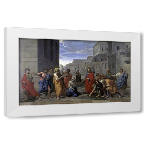 Christ and the Woman Taken in Adultery White Modern Wood Framed Art Print by Poussin, Nicolas