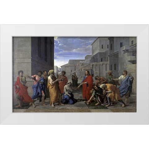 Christ and the Woman Taken in Adultery White Modern Wood Framed Art Print by Poussin, Nicolas